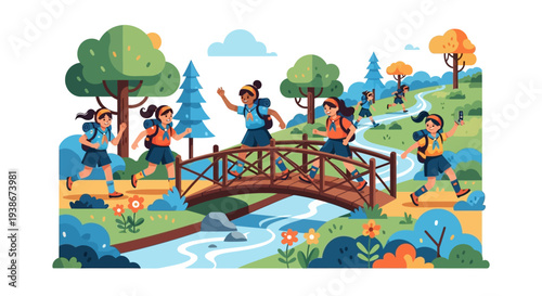 A vibrant illustration of children celebrating National Girl Scout Day while crossing a bridge over a stream in a colorful natural setting