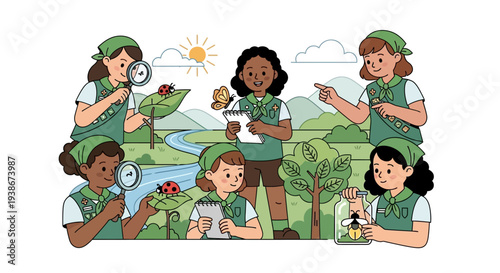 Illustration of diverse Girl Scouts engaging in outdoor activities like examining nature with magnifying glasses on National Girl Scout Day