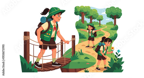 An illustration of Girl Scouts on a nature hike crossing a bridge on a winding trail with trees and greenery around them