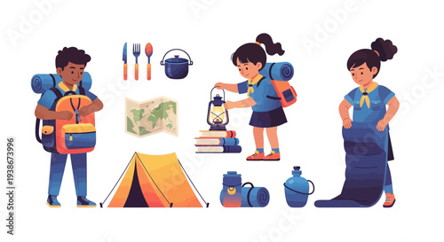 Illustration of diverse Girl Scouts camping with gear and supplies in a colorful, cartoon style against a clean white background
