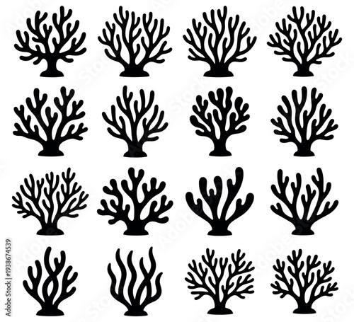 Coral silhouettes collection, marine reef sea plants icons set, black underwater nature vector illustration on transparent background