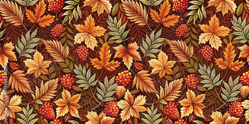 Autumn leaves and berries decorative pattern on a dark textured background Vector