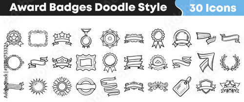 A versatile collection of hand-drawn doodle style award badges, ribbons, frames, laurels, and medals perfect for certificates, achievements, and decorative design elements.