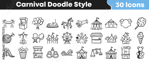 A collection of thirty charming doodle style carnival and amusement park icons featuring rides games and festive elements
