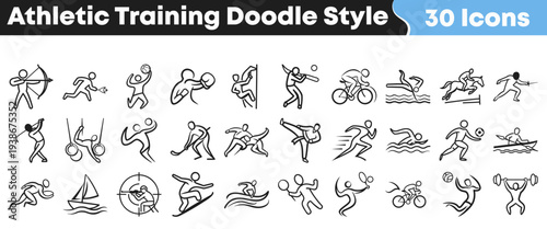 Collection of thirty distinct athletic training doodle style pictograms representing various sports and fitness activities for design use.