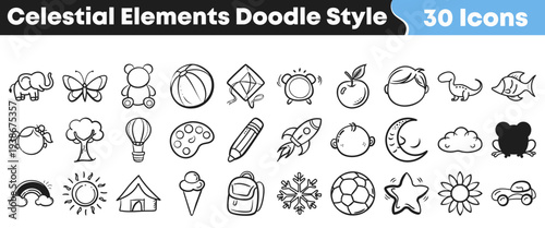 A charming collection of thirty versatile hand-drawn doodle style icons featuring a diverse array of everyday objects, animals, nature, and playful concepts for creative designs.