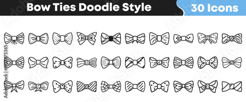 Collection of thirty unique hand drawn bow ties featuring various doodle patterns suitable for fashion design projects