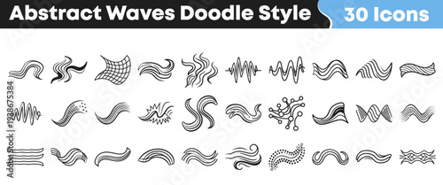 A collection of thirty unique hand-drawn abstract wave doodle style icons offering versatile graphic elements for various design projects and creative illustrations.