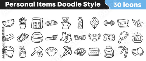 Collection of thirty hand drawn personal item doodle style icons representing various daily necessities and accessories for travel or lifestyle design projects.
