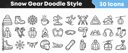 A comprehensive set of 30 hand-drawn doodle style icons representing essential snow gear, winter activities, and cold weather essentials, perfect for various design projects and seasonal themes.