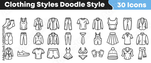 A collection of thirty hand drawn doodle style icons representing various essential clothing items for different seasons and occasions are displayed.