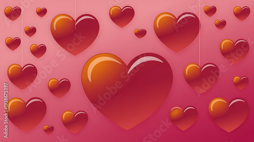 Vibrant hearts in shades of red and orange float against a pink background, evoking love and affection.