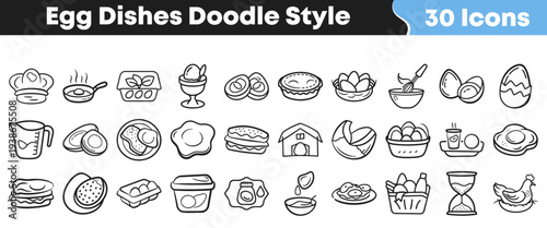 This extensive collection showcases 30 hand-drawn doodle style icons, perfectly illustrating a variety of delicious egg dishes and raw eggs, ideal for culinary and breakfast-themed projects.