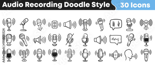 Hand drawn doodle style vector icons illustrating various audio recording equipment and sound elements, ideal for creative projects, podcasts, and digital media applications.