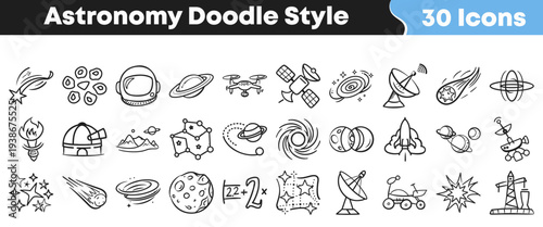 Collection of thirty hand drawn doodle style icons representing various astronomy and space exploration themes for creative projects.