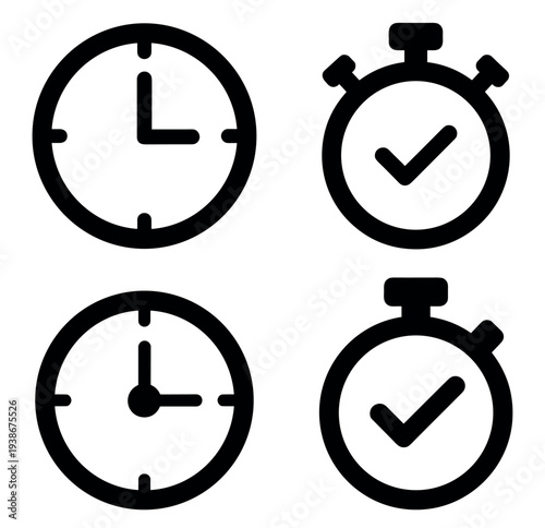 Time management clock and stopwatch icons vector set, schedule deadline timer symbols on transparent background