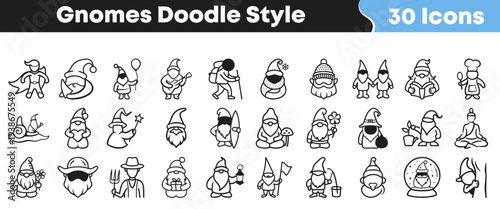 Charming collection of thirty adorable gnomes in a playful doodle style, perfect for adding whimsical fantasy elements to any creative project or design.