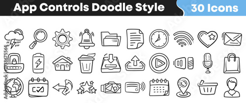 Collection of thirty hand drawn doodle style application control icons for interface design projects and creative use