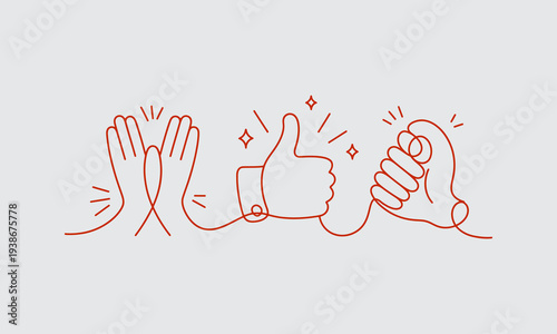 Minimalist illustration depicting hands in clapping thumbs up and ok gestures with red lines