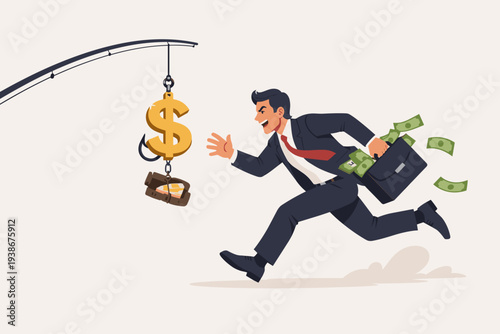 Financial Fraud and Illegal Investment Scam Concept with Greedy Businessman Running Towards Money Bait on a Fishing Hook, Ponzi Scheme Illustration of Stealing Cash and Financial Risk Trap.