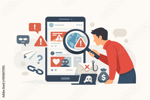 Man using magnifying glass to inspect social media feed on smartphone for fake news, false information, scams, and phishing. Concept of digital literacy, internet security, and misinformation.