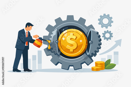 Businessman Oiling Large Gear with Gold Dollar Coin Inside for Financial Liquidity, Economic Stimulus, and Central Bank Monetary Policy to Lubricate the Global Economy, Investment, and Growth.