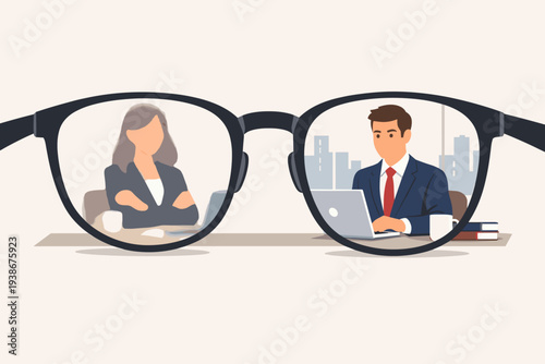 Gender Bias and Sexism in the Workplace Concept with Glasses Showing Blurred Woman and Clear Man in Suit Working on Laptop, Representing Social Prejudice, Inequality, and Career Stereotyping