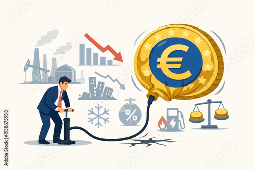 Businessman pumping up a giant Euro coin balloon representing inflation in Europe, economic crisis with energy shortage, rising interest rates, recession, and falling stock market indicators.