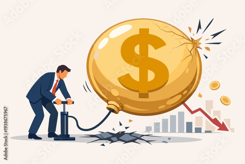Investment bubble causing financial crisis with overvalued stock market or money inflation concept, businessman pumping dollar balloon that is about to burst and crash economy.