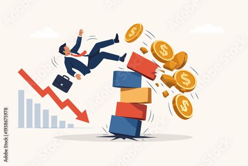 Investment Risk and Financial Crisis Concept with Businessman Falling from Collapsing Block Tower and Gold Coins, Stock Market Crash with Downward Red Arrow Chart and Economic Instability.