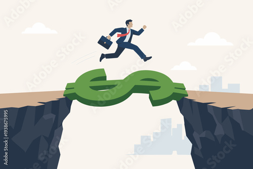 Businessman jumping over a cliff gap using a large green dollar sign as a bridge, symbolizing financial support, economic rescue, business survival, and capital investment to overcome a crisis.
