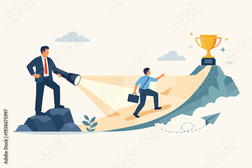 Mentorship and Manager Support for Employee Career Success, Business Leader Guiding Professional with Flashlight Towards Goal Trophy on Mountain Peak, Coaching and Leadership Concept Vector.