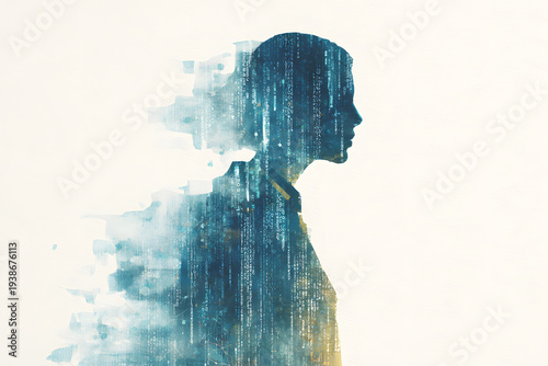 Digital art shows person profile with binary code and abstract colors in the background