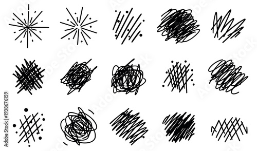 Abstract scribble icons set, hand drawn sketch textures and random line symbols vector illustration on transparent background