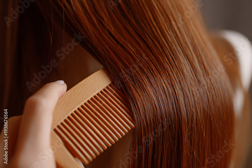 Long brown hair being brushed with a wooden comb in a simple indoor setting
