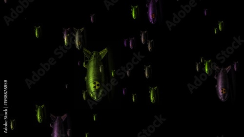 Wallpaper Mural Dark cinematic scene of falling nuclear bombs marked with radiation symbols Torontodigital.ca