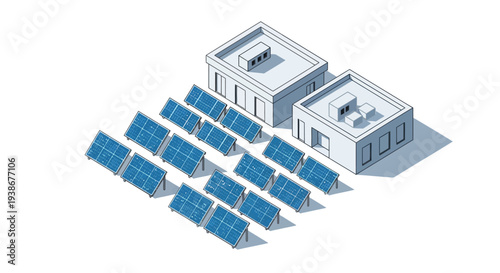 Isometric illustration of a city rooftop with solar panels on a building and ground, representing renewable energy and eco-friendly urban design