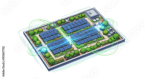 Isometric illustration of a city rooftop with solar panels and green spaces, showcasing renewable energy solutions in an urban setting with a 3D model design