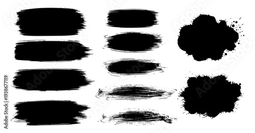 Abstract brush stroke elements, black ink paint textures and grunge shapes vector set on transparent background