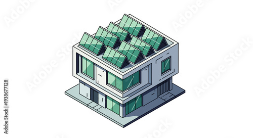 Isometric illustration of a modern building with solar panels on the rooftop, showcasing eco-friendly renewable energy solutions in an urban setting