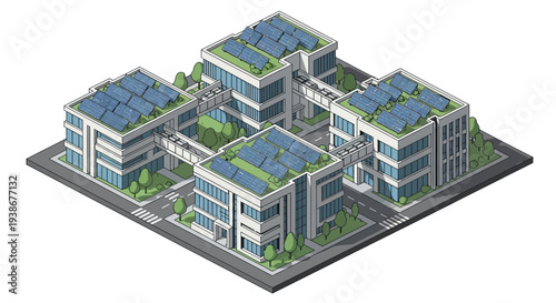 Isometric illustration of a city rooftop with solar panels on modern buildings in an urban landscape with green accents