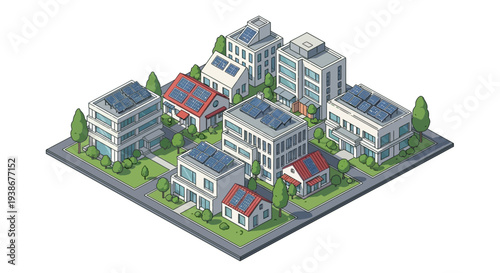 Isometric illustration of a city rooftop with solar panels on buildings and houses in an urban setting with green spaces