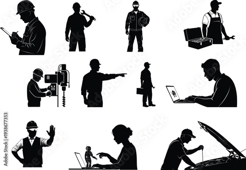 Silhouette of various people engaging in different occupations and activities