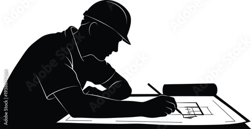 A construction worker in silhouette filling out paperwork with a pencil