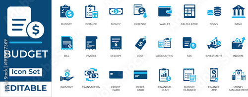 Budget and finance two-tone flat vector icon set. Editable money, banking, and accounting signs.