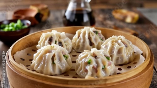 Steamed dumplings in a bamboo steamer on a wooden table with dipping sauce