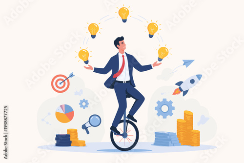 Skillful Businessman Riding Unicycle and Juggling Light Bulbs for Creative Ideas and Innovation. Concept of Business Success, Multitasking, Balance, and Entrepreneurship with Rocket and Growth.