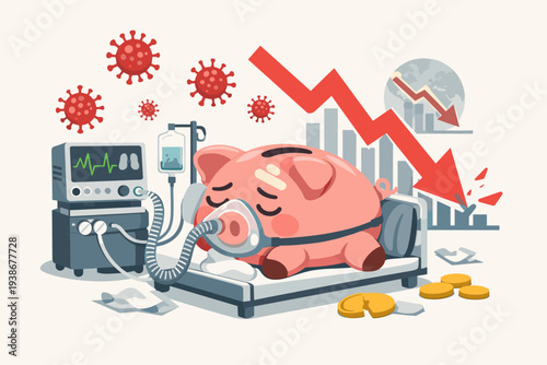 Global Economic Recession and Financial Crisis Caused by Coronavirus Pandemic Concept Illustration with Piggy Bank on Life Support Ventilator, Stock Market Crash Graph, and COVID-19 Virus Cells