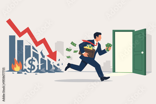 Businessman Running Away from Crashing Stock Market Graph with Briefcase Full of Money Towards an Open Door, Concept of Market Timing, Exit Strategy, Escaping Financial Crisis and Economic Recession.