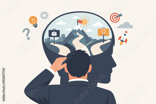 Businessman making a decision choosing between different career paths and opportunities. Illustration of strategy, future planning, and mindset with various options, goals, and challenges.